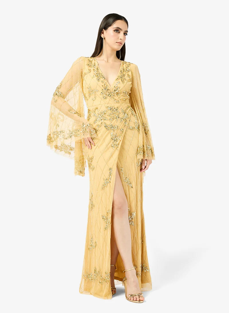 Embroidered Front Slit Long Sleeve Maxi Dress
